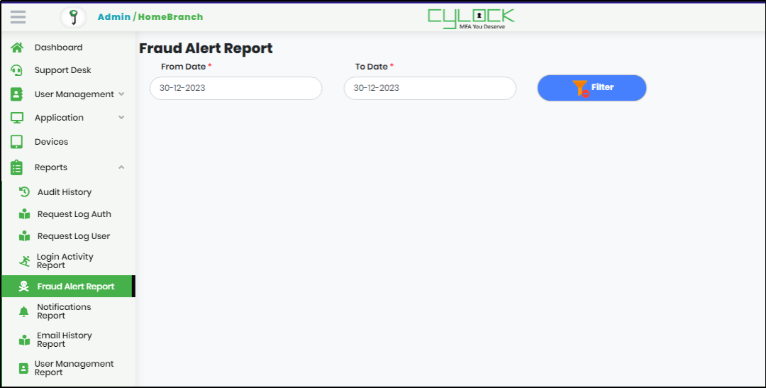  Fraud Alert Report Screen - CyLock